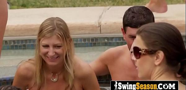  Horny swingers are planning their next wild orgy naked in the pool.